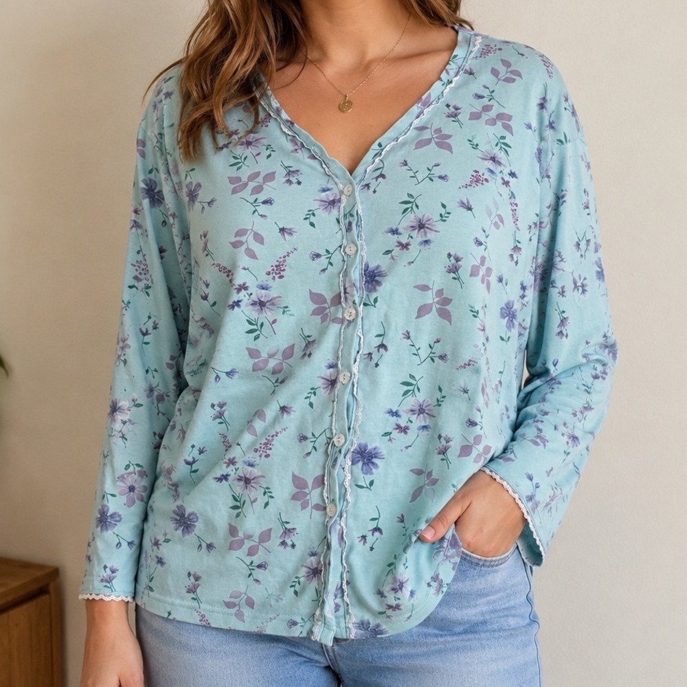 Vintage Vanity Fair 3X Blue Floral Pajama Top Cottagecore Grandmacore Romantic